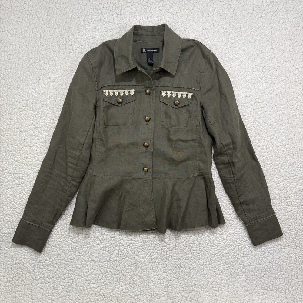 INC Intl. Concepts Linen Aztec Embroidered Utility Jacket Green Size S Peplum